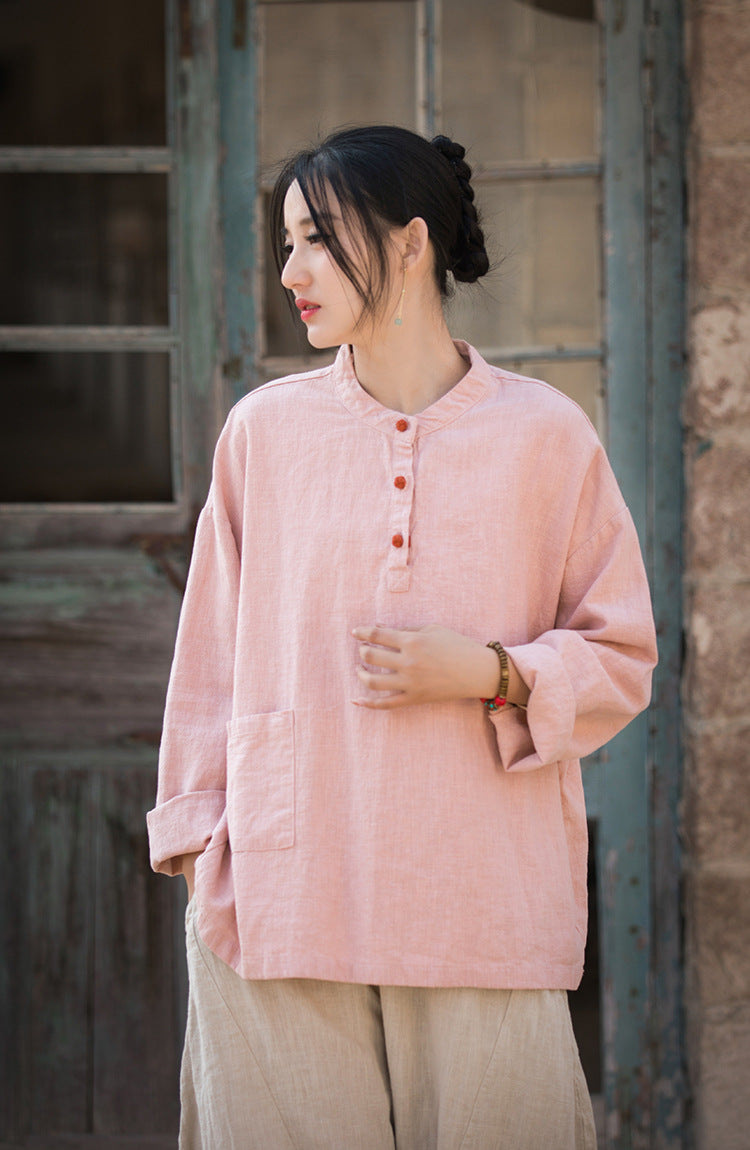 Boat neck cotton linen shirt, Chinese long sleeve cotton linen shirt