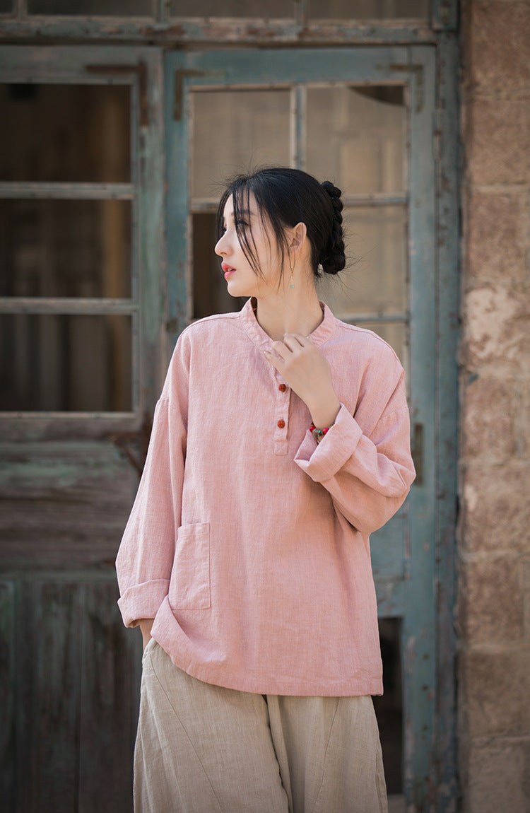 Boat neck cotton linen shirt, Chinese long sleeve cotton linen shirt