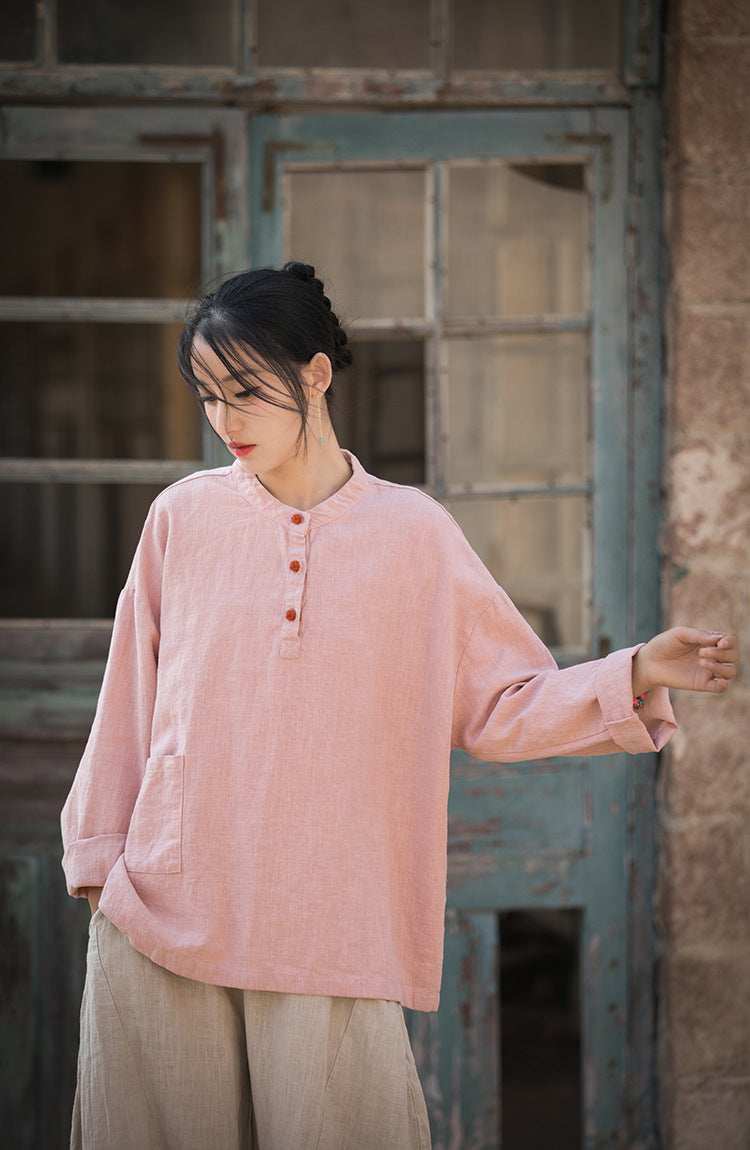 Boat neck cotton linen shirt, Chinese long sleeve cotton linen shirt