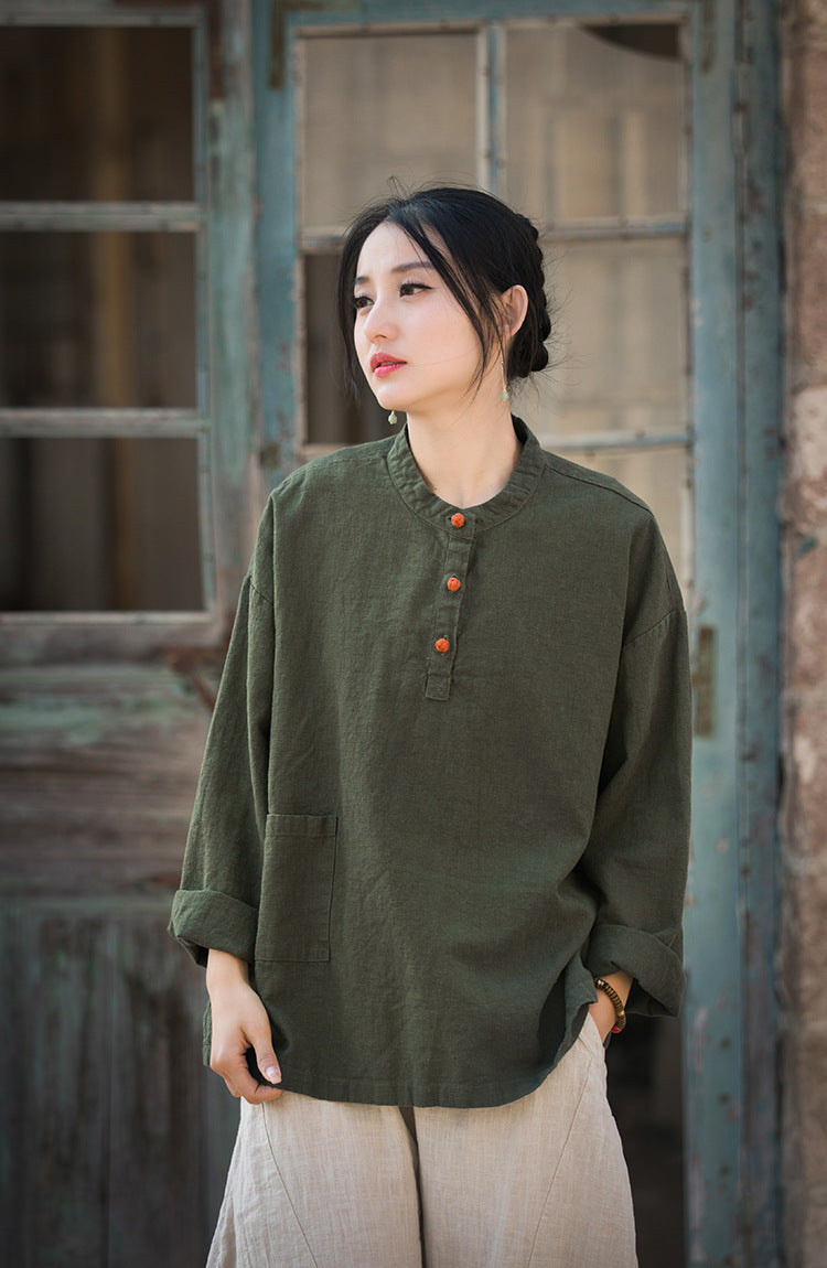 Boat neck cotton linen shirt, Chinese long sleeve cotton linen shirt