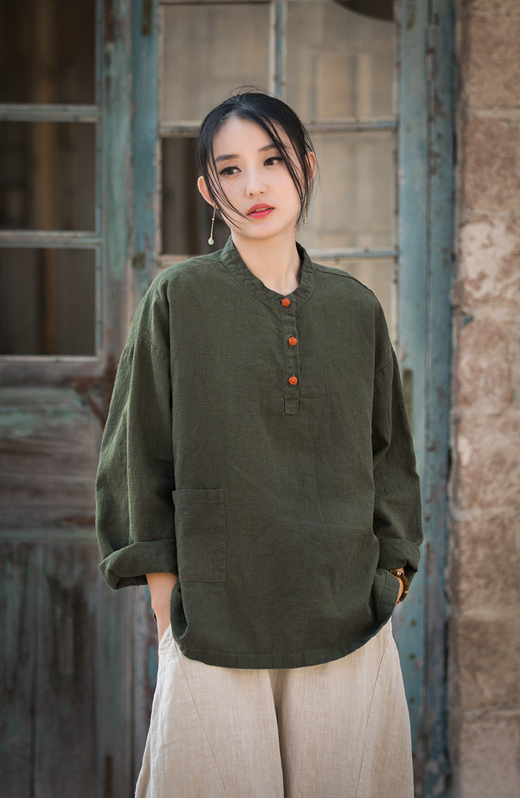 Boat neck cotton linen shirt, Chinese long sleeve cotton linen shirt