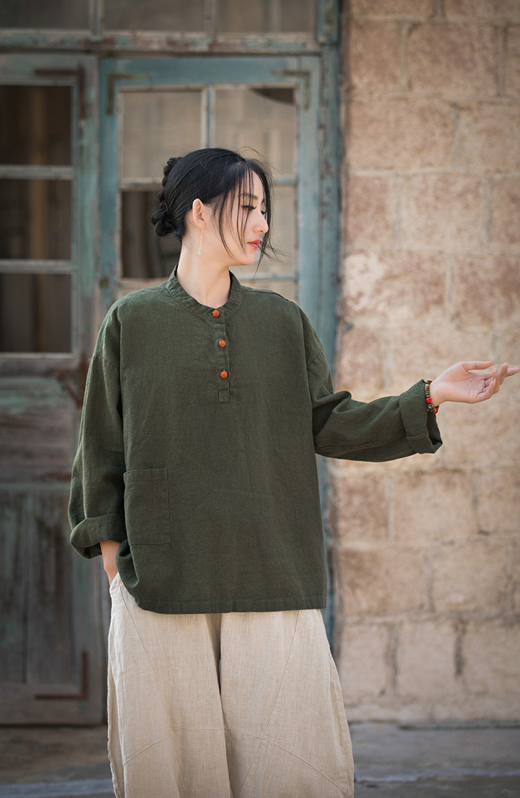 Boat neck cotton linen shirt, Chinese long sleeve cotton linen shirt