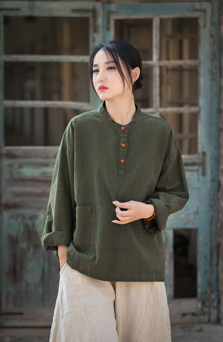 Boat neck cotton linen shirt, Chinese long sleeve cotton linen shirt