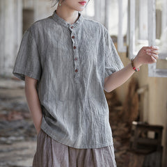 Summer tie-dye stone washed cotton linen short sleeve shirt, vintage boat neck cotton short sleeve shirt