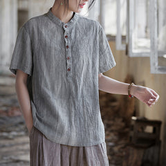 Summer tie-dye stone washed cotton linen short sleeve shirt, vintage boat neck cotton short sleeve shirt