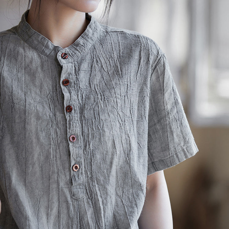 Summer tie-dye stone washed cotton linen short sleeve shirt, vintage boat neck cotton short sleeve shirt