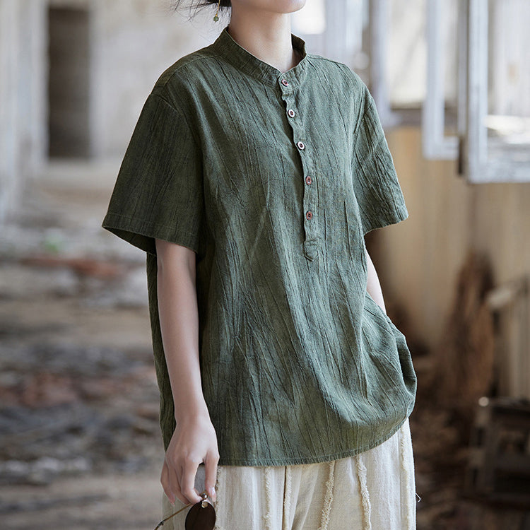 Summer tie-dye stone washed cotton linen short sleeve shirt, vintage boat neck cotton short sleeve shirt