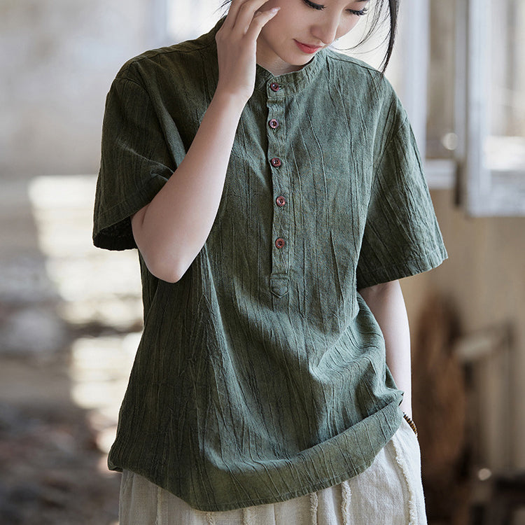 Summer tie-dye stone washed cotton linen short sleeve shirt, vintage boat neck cotton short sleeve shirt