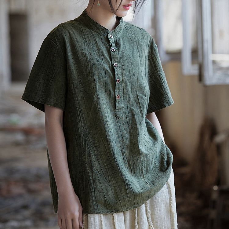 Summer tie-dye stone washed cotton linen short sleeve shirt, vintage boat neck cotton short sleeve shirt