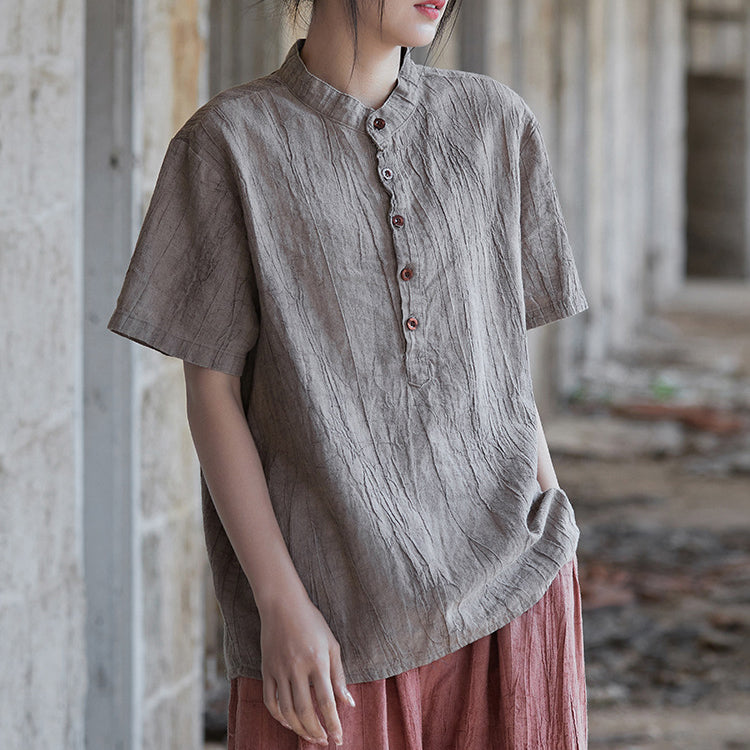 Summer tie-dye stone washed cotton linen short sleeve shirt, vintage boat neck cotton short sleeve shirt