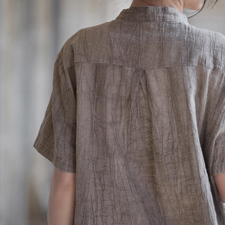 Summer tie-dye stone washed cotton linen short sleeve shirt, vintage boat neck cotton short sleeve shirt