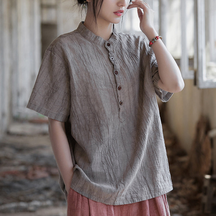 Summer tie-dye stone washed cotton linen short sleeve shirt, vintage boat neck cotton short sleeve shirt