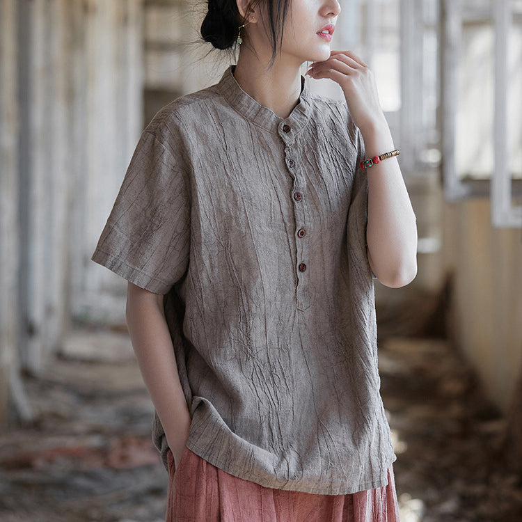 Summer tie-dye stone washed cotton linen short sleeve shirt, vintage boat neck cotton short sleeve shirt