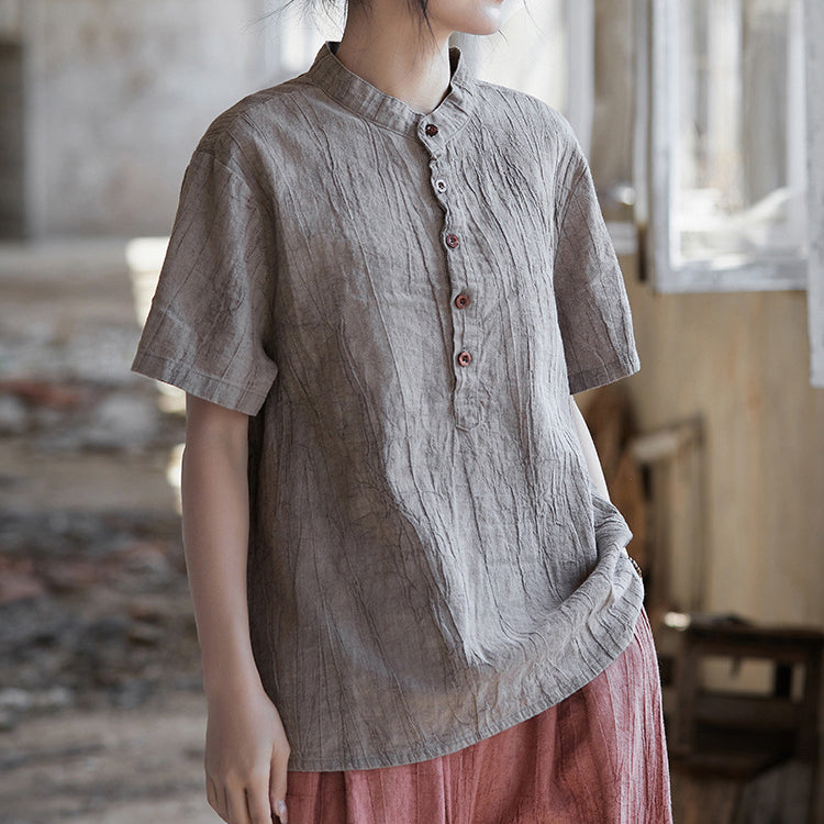 Summer tie-dye stone washed cotton linen short sleeve shirt, vintage boat neck cotton short sleeve shirt