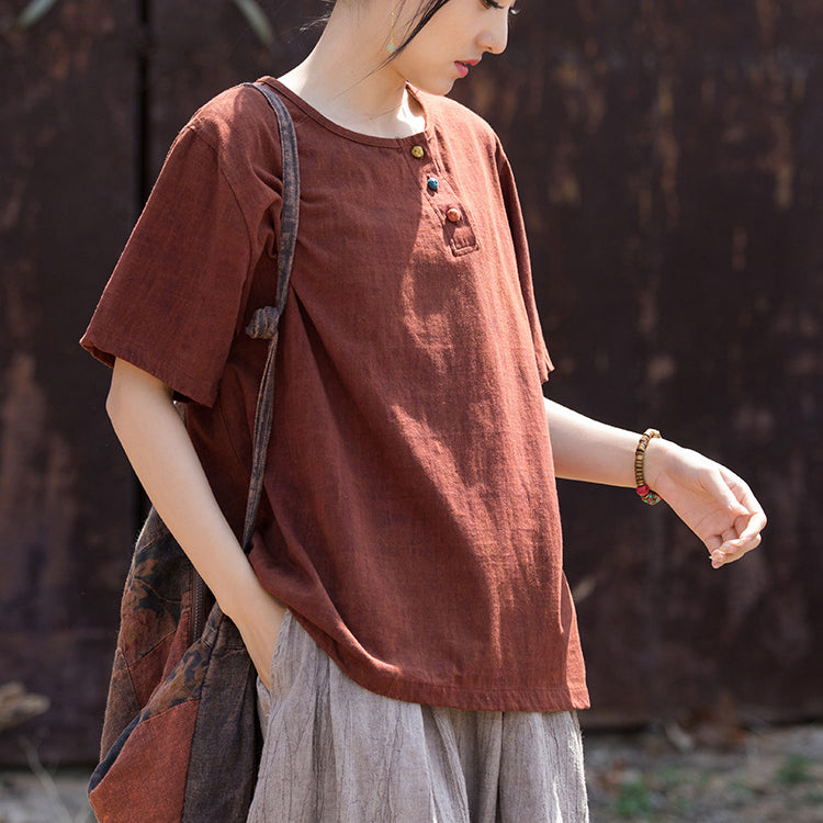 Summer Cotton Linen Short Sleeve Body T-Shirt, Vintage Boat Neck Cotton Short Sleeve T-Shirt