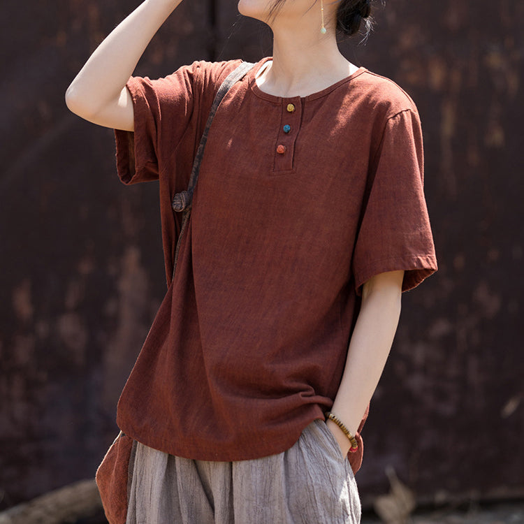 Summer Cotton Linen Short Sleeve Body T-Shirt, Vintage Boat Neck Cotton Short Sleeve T-Shirt