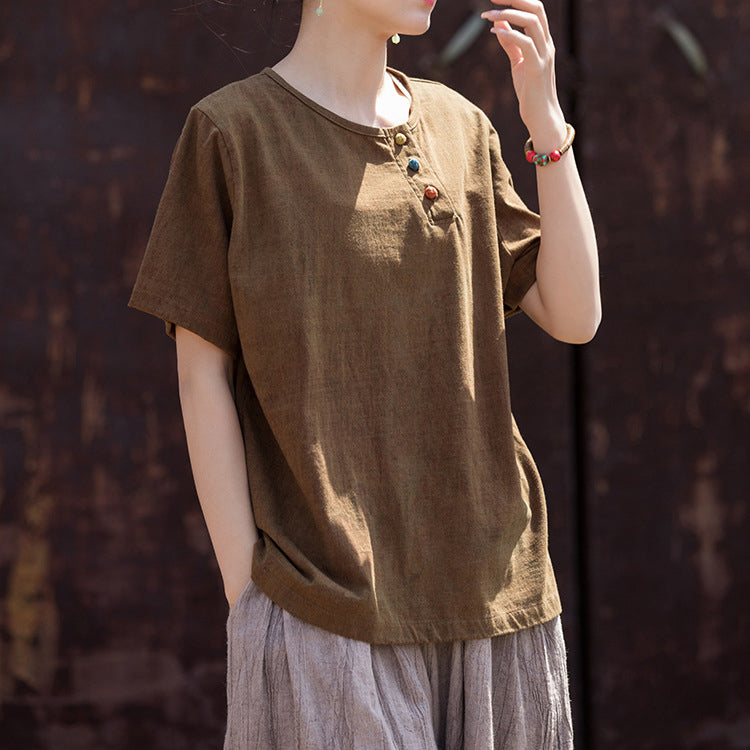 Summer Cotton Linen Short Sleeve Body T-Shirt, Vintage Boat Neck Cotton Short Sleeve T-Shirt