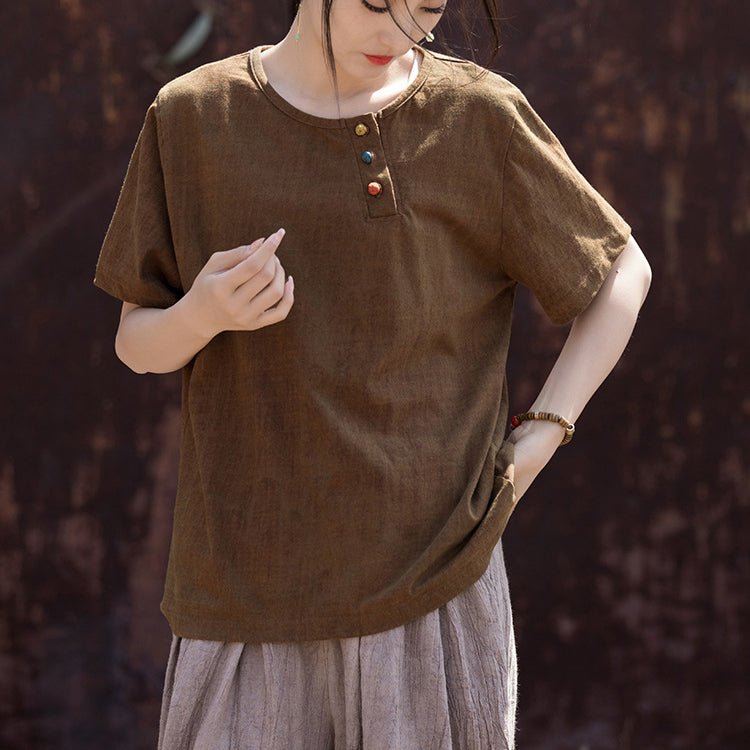 Summer Cotton Linen Short Sleeve Body T-Shirt, Vintage Boat Neck Cotton Short Sleeve T-Shirt