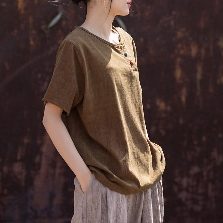 Summer Cotton Linen Short Sleeve Body T-Shirt, Vintage Boat Neck Cotton Short Sleeve T-Shirt