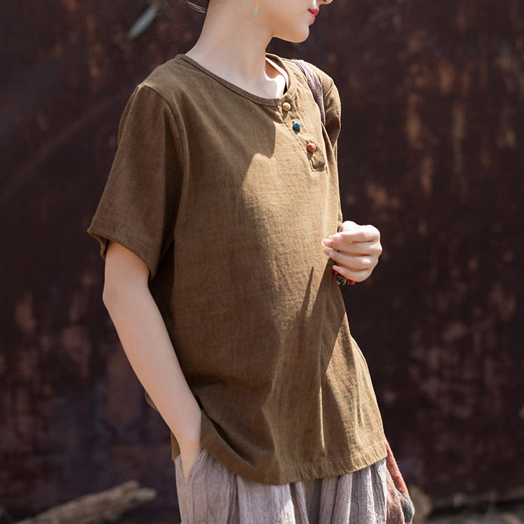 Summer Cotton Linen Short Sleeve Body T-Shirt, Vintage Boat Neck Cotton Short Sleeve T-Shirt