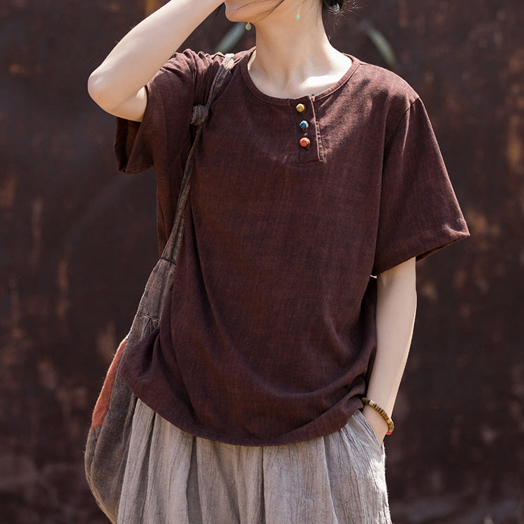 Summer Cotton Linen Short Sleeve Body T-Shirt, Vintage Boat Neck Cotton Short Sleeve T-Shirt