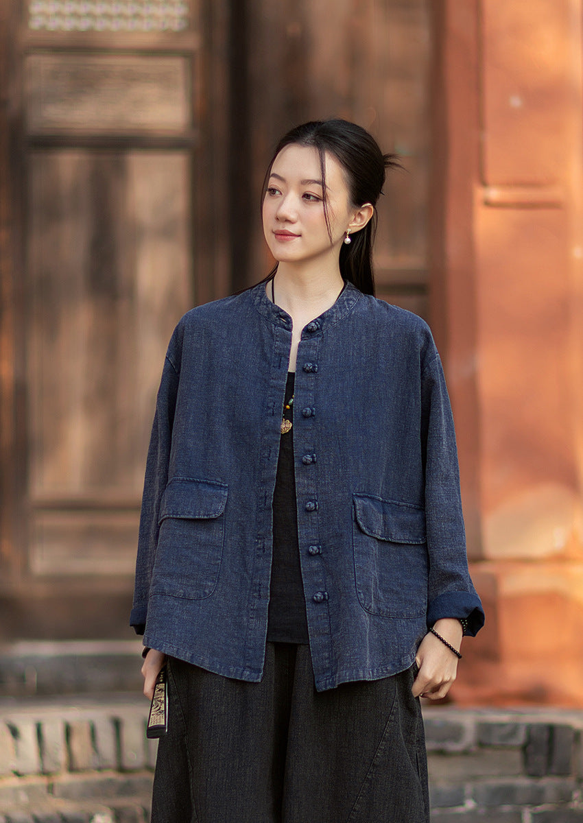2026 Spring New Arrival: Boho-Retro Stand-Collar Distressed Double-Breasted Button-Down Cotton-Linen Blouse for Women