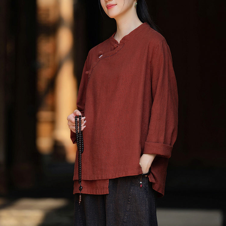 Women's Vintage Chinese Long Sleeve Cotton Linen Shirt with Embroidery Boat Neck Loose Casual Shirt 20240920