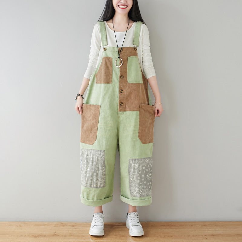 Patchwork cotton overalls, women's printed denim overalls, stonewashed loose overalls