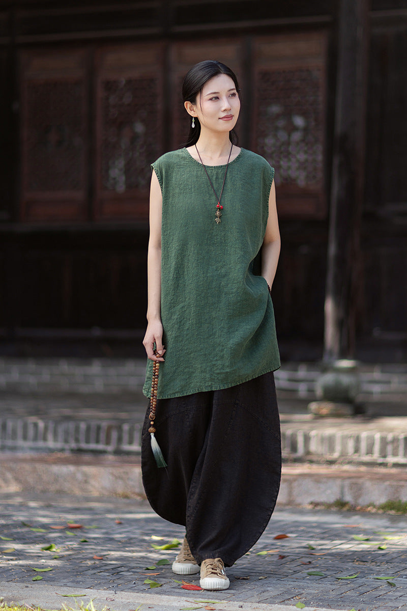 New Vintage-Style Ombré Distressed Versatile Lightweight Sleeveless Dress for Women: Round-Neck Linen Tank Dress 20260511