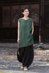 New Vintage-Style Ombré Distressed Versatile Lightweight Sleeveless Dress for Women: Round-Neck Linen Tank Dress 20260511