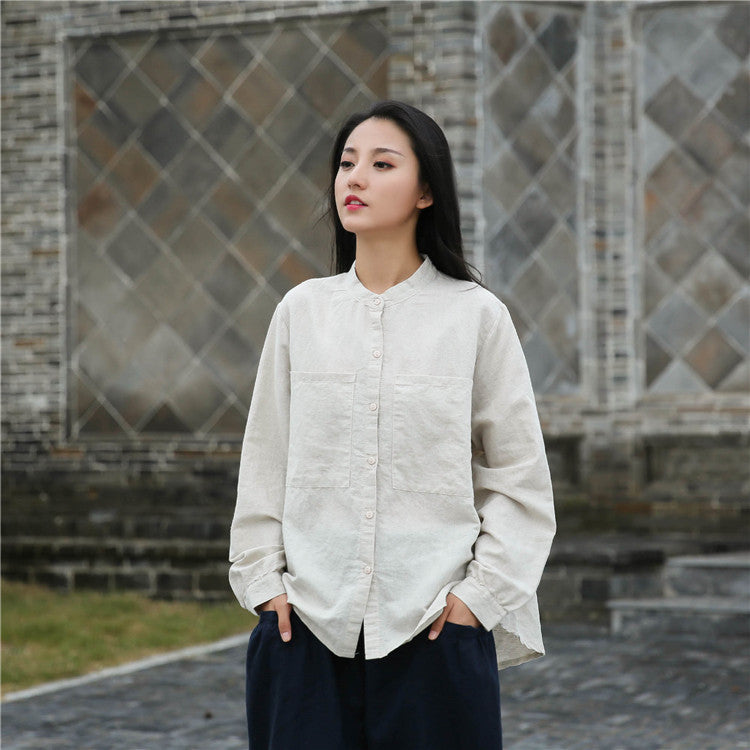 Loose cotton linen long-sleeved shirt, vintage summer casual shirt