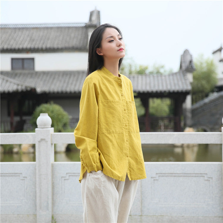 Loose cotton linen long-sleeved shirt, vintage summer casual shirt