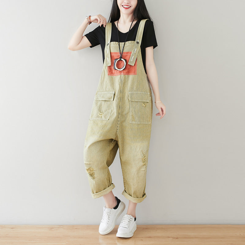 Cotton overalls, women's denim overalls, stonewashed loose overalls