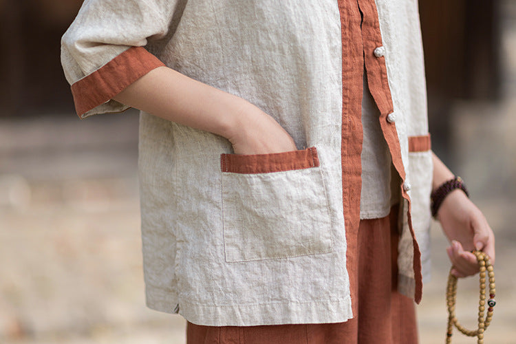 New New Chinese-Style Design: Comfortable, Lightweight Linen Top with Color-Blocked Patchwork and Button-Front Cardigan 20260511