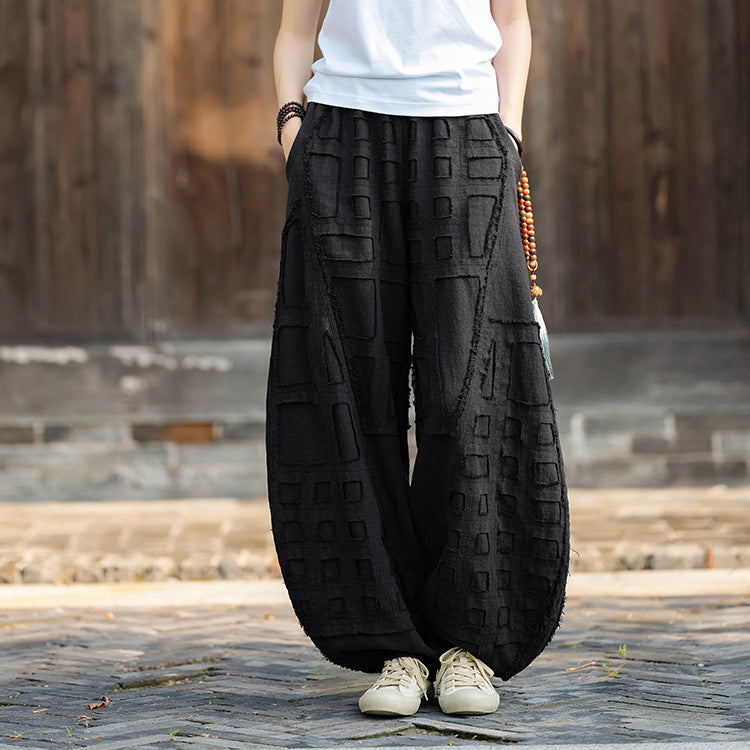 Original personality patchwork natural burlap linen lantern pants personality female wide-legged pants (fall and winter) 20240920