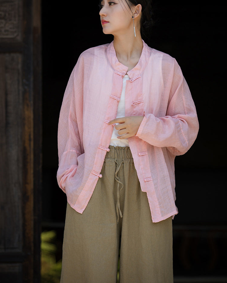 Summer Ramie Chinese Standing Collar Shirt,Sand Washed Frog Button Women's Long Sleeve Shirt 20240714