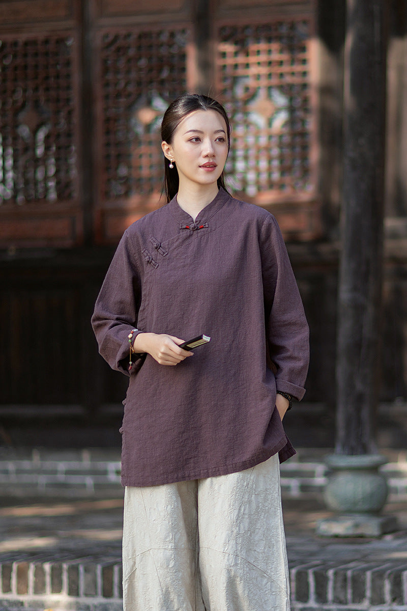 2026 Spring New Arrival: Retro Cotton-Linen Chinese-Style Stand-Collar, Color-Blocked, Button-Fastened, Wrap-Front Blouse for Women – Zen Tea Attire