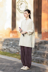 2026 Spring Retro Mandarin Collar Button-Down Cotton-Linen Blouse for Women: Chinese-Style Zen-Inspired Tea Ceremony Pullover, Ramie Stand-Up Collar Long-Sleeve Shirt