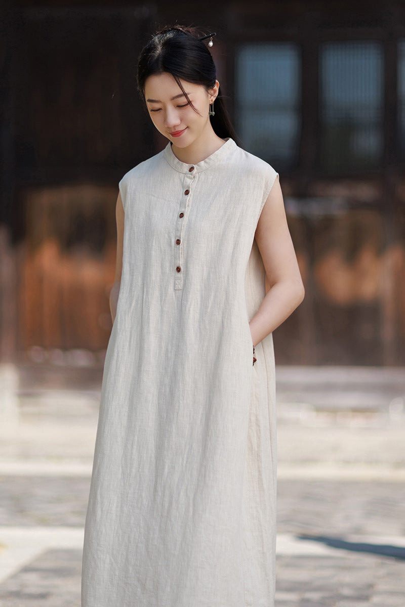2026 Summer Women's Boho-Chic Dress: Loose-Fit, Sand-Washed Ramie Mid-Length Dress with a Zen-Inspired Aesthetic