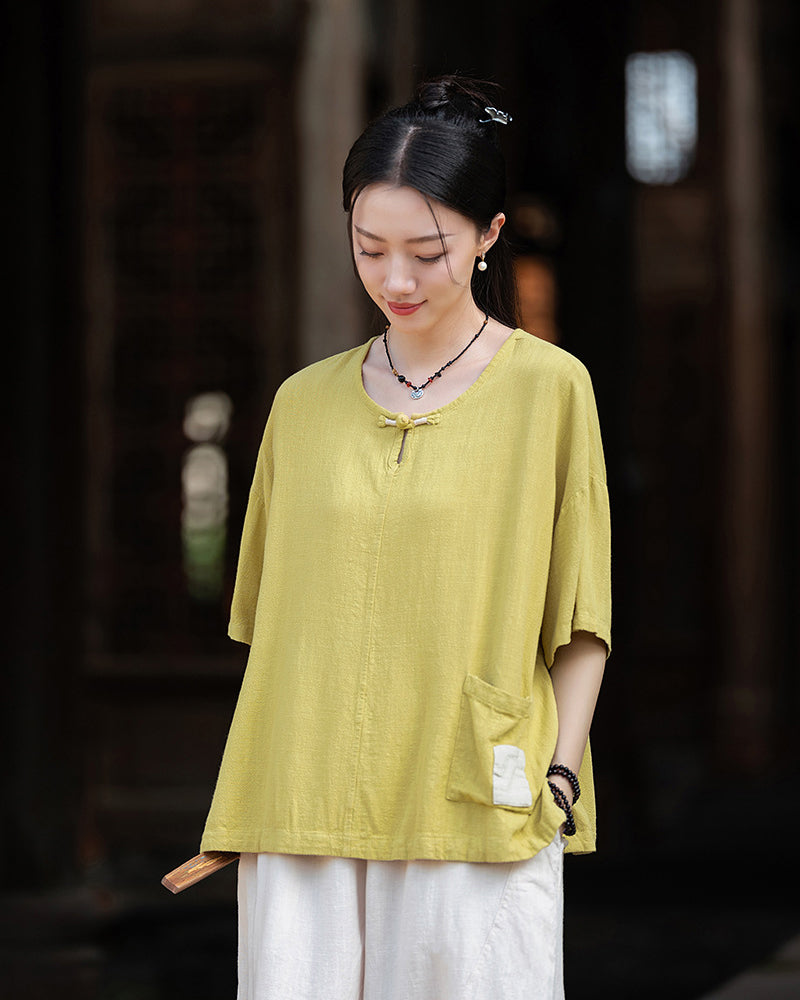 Frog button V-neck patchwork cotton  linen T-shirt, summer Chinese retro women sandwashed loose cotton  linen T-shirt 20240728