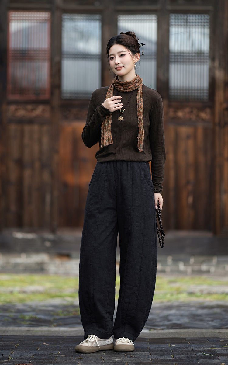 2026 Winter New Original Cotton-Linen Women's Retro, Versatile, Slimming, Elastic-Waist, Loose-Fitting, Casual, Patchwork Straight-Leg Pants