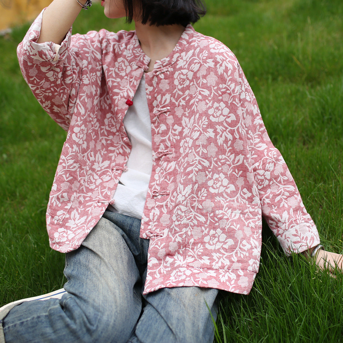 Vintage Chinese Standing Collar Loose Frog Button Shirt,  Printed  flower Cotton  Linen Jacket 20250408