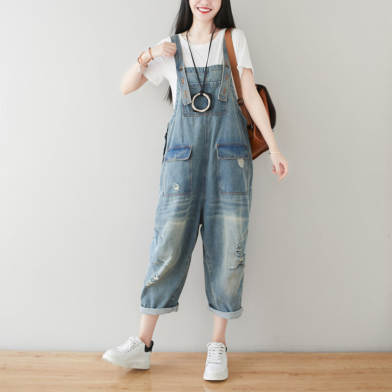 Cotton overalls, women's denim overalls, stonewashed loose overalls