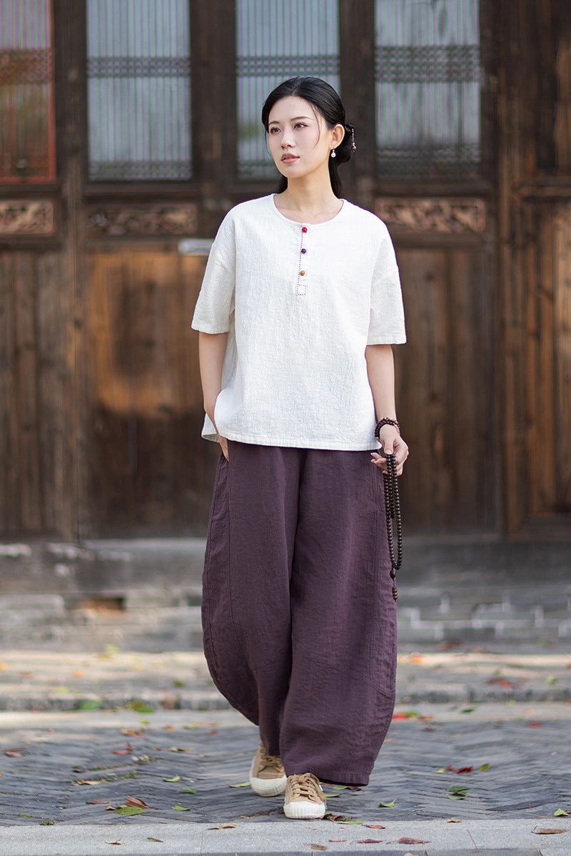 Round-Neck Chinese-Style Blouse: New Summer Style, Retro-Chic, Stitched Color-Blocking, Button-Front Short-Sleeve T-Shirt 20260511