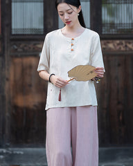Frog Button Cotton  Linen Shirt, Summer Chinese Vintage Women Sandwashed Cotton  Linen T-shirt 20240728