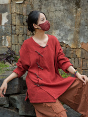 Vintage Summer Chinese Boat Collar Long Sleeve Shirt, Cotton  Linen Washed Frog Long T-Shirt 20250604