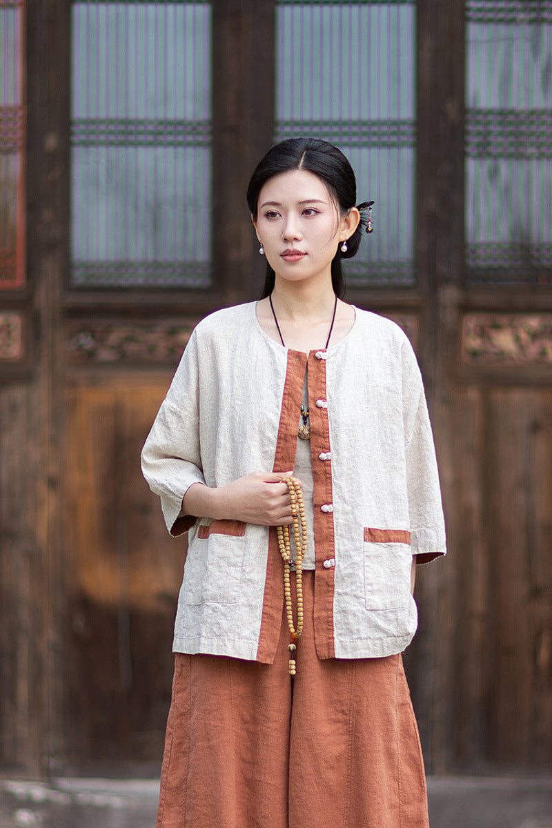 New New Chinese-Style Design: Comfortable, Lightweight Linen Top with Color-Blocked Patchwork and Button-Front Cardigan 20260511