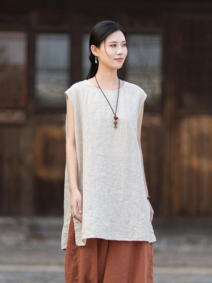 New Vintage-Style Ombré Distressed Versatile Lightweight Sleeveless Dress for Women: Round-Neck Linen Tank Dress 20260511