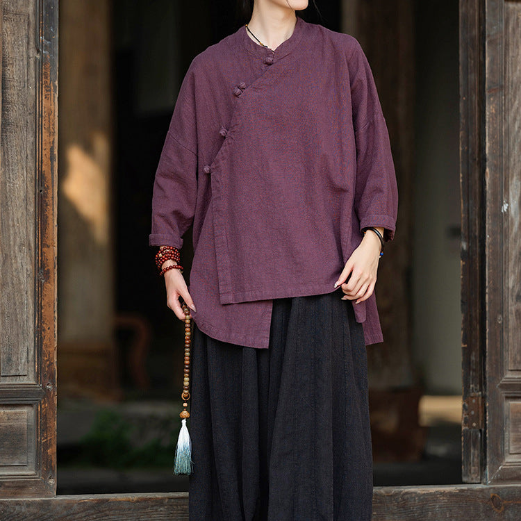 Women's Vintage Chinese Frog Button Long Sleeve Cotton Linen Shirt, Embroidery Standing Collar Splicing Irregular Loose Blouse 20240920