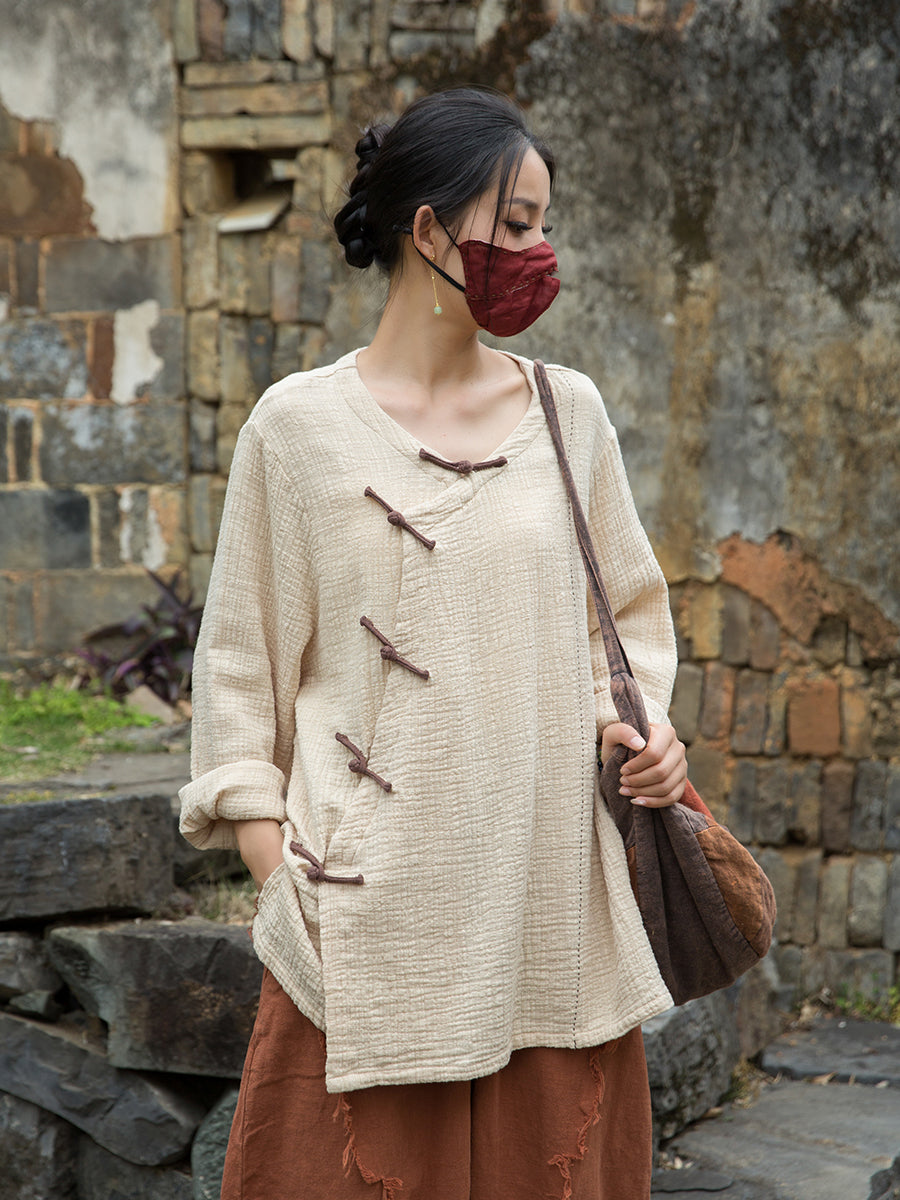 Vintage Summer Chinese Boat Collar Long Sleeve Shirt, Cotton  Linen Washed Frog Long T-Shirt 20250604